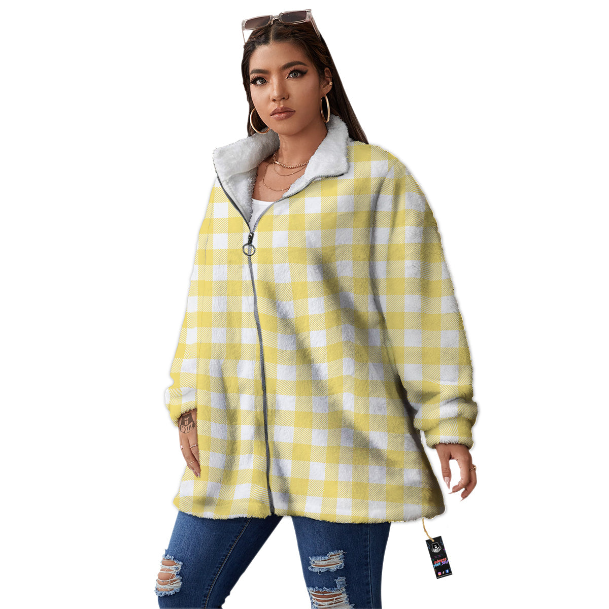 Buffalo Check Yellow And White Print Women's Sherpa Jacket-grizzshop