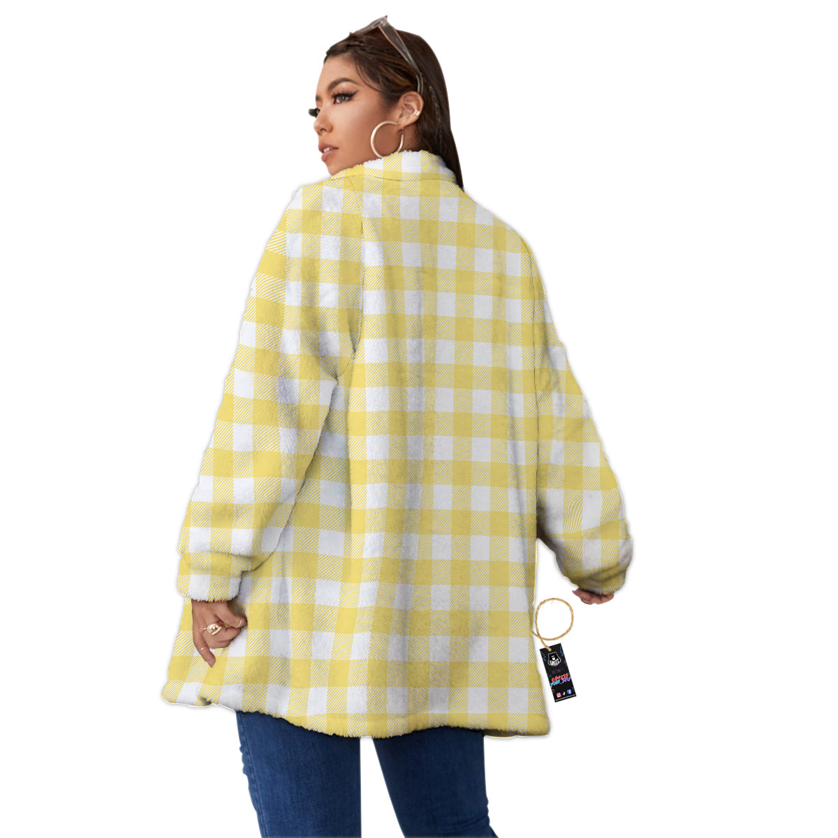 Buffalo Check Yellow And White Print Women's Sherpa Jacket-grizzshop