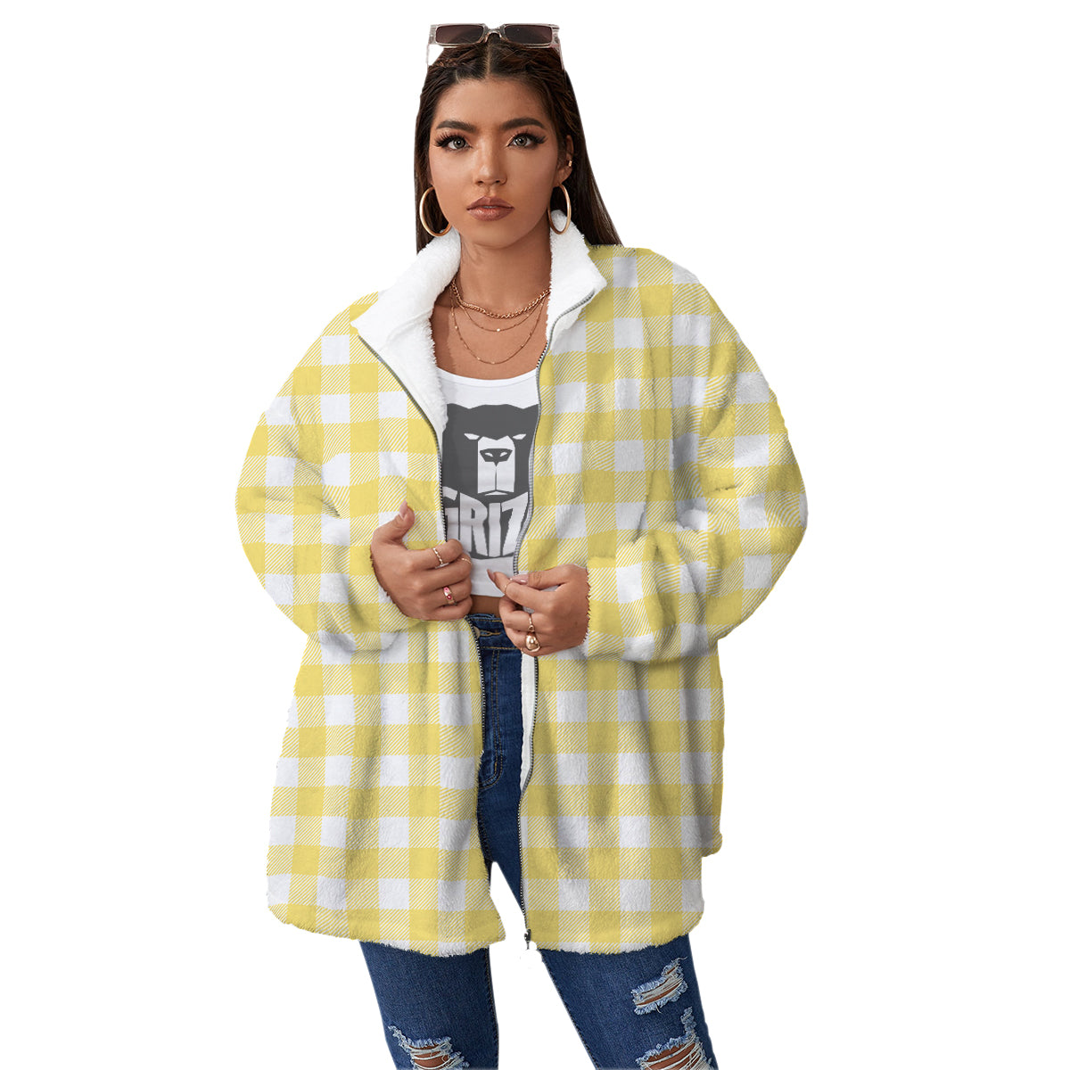 Buffalo Check Yellow And White Print Women's Sherpa Jacket-grizzshop