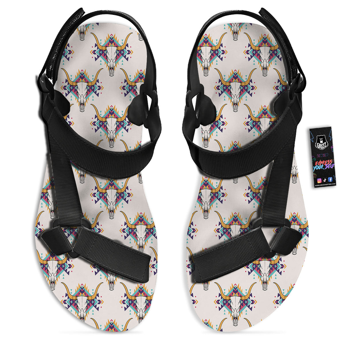 Buffalo Native Print Pattern Black Open Toe Sandals-grizzshop