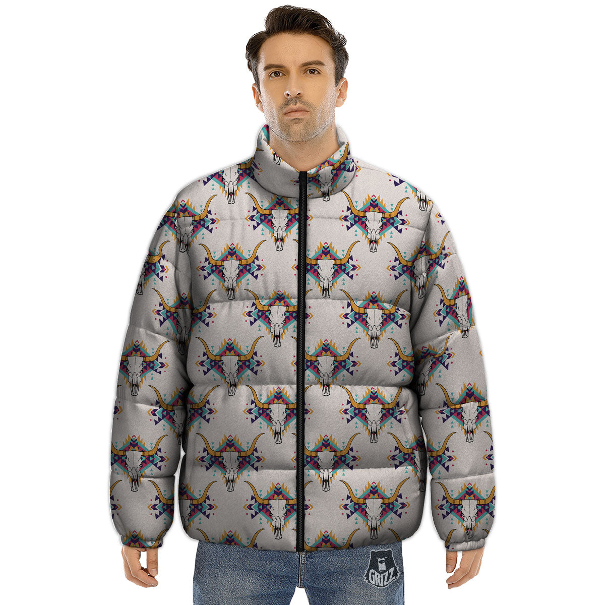 Buffalo Native Print Pattern Puffer Jacket-grizzshop