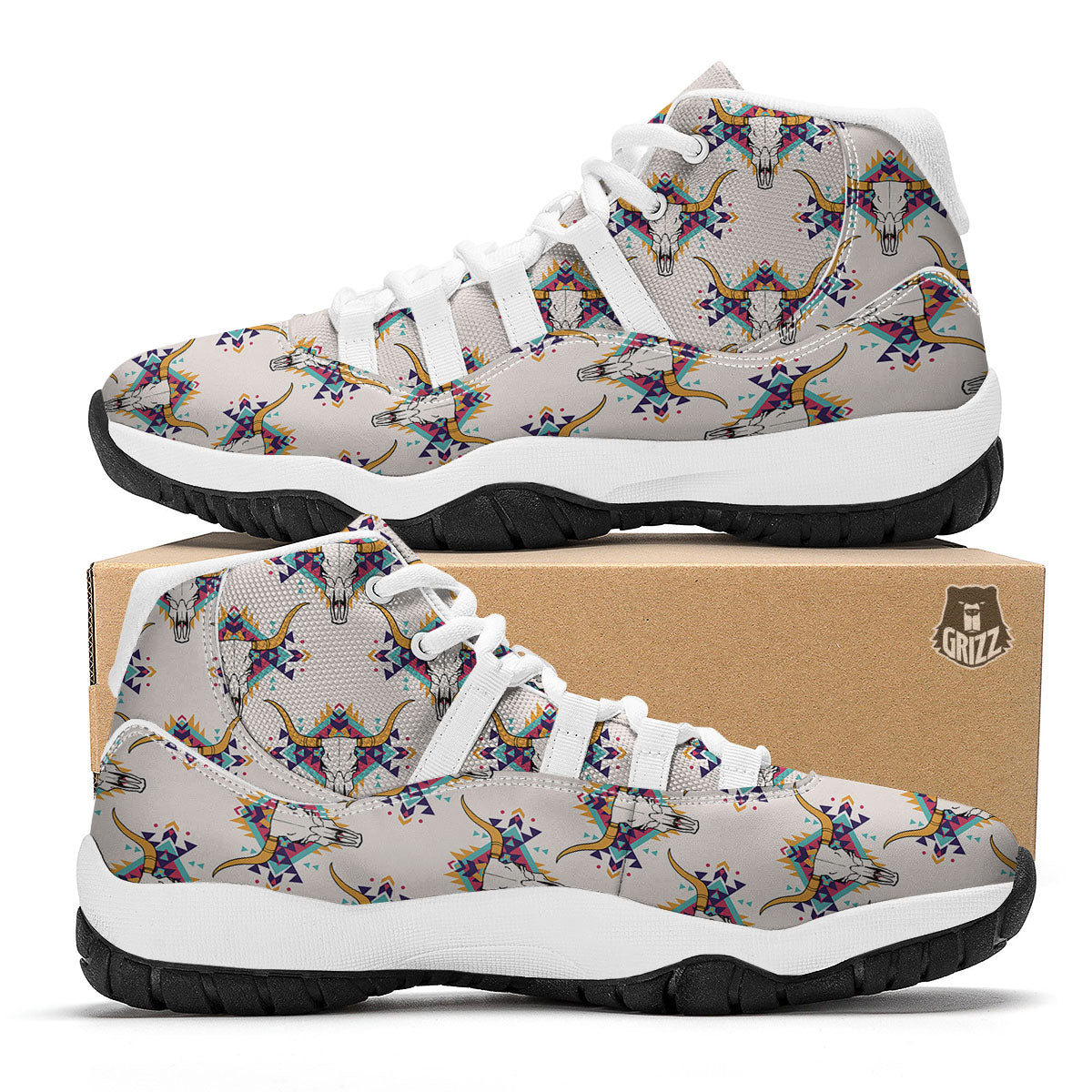 Buffalo Native Print Pattern White Bball Shoes-grizzshop