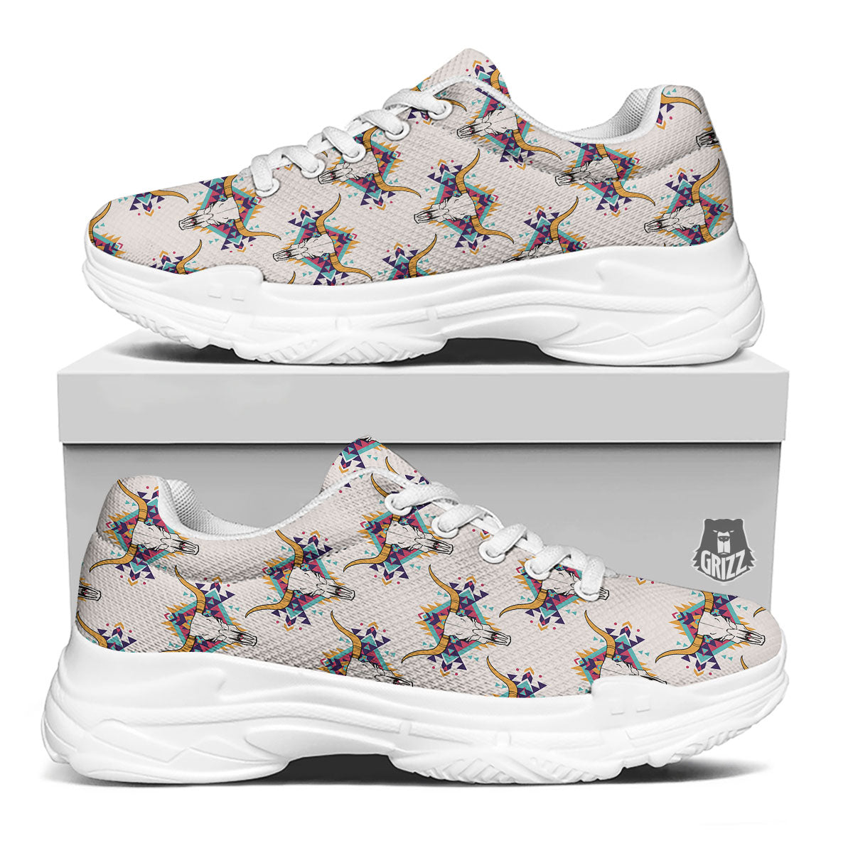 Buffalo Native Print Pattern White Chunky Shoes-grizzshop