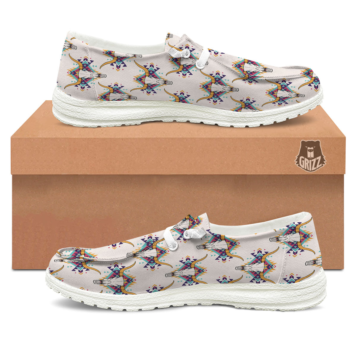 Buffalo Native Print Pattern White Loafers-grizzshop