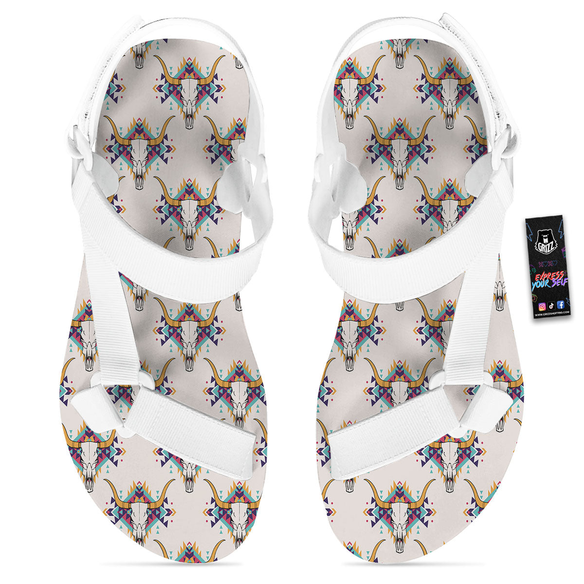 Buffalo Native Print Pattern White Open Toe Sandals-grizzshop