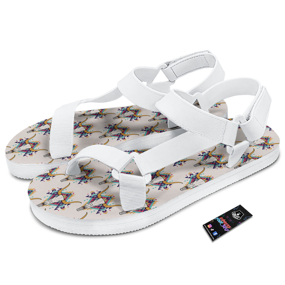 Buffalo Native Print Pattern White Open Toe Sandals-grizzshop