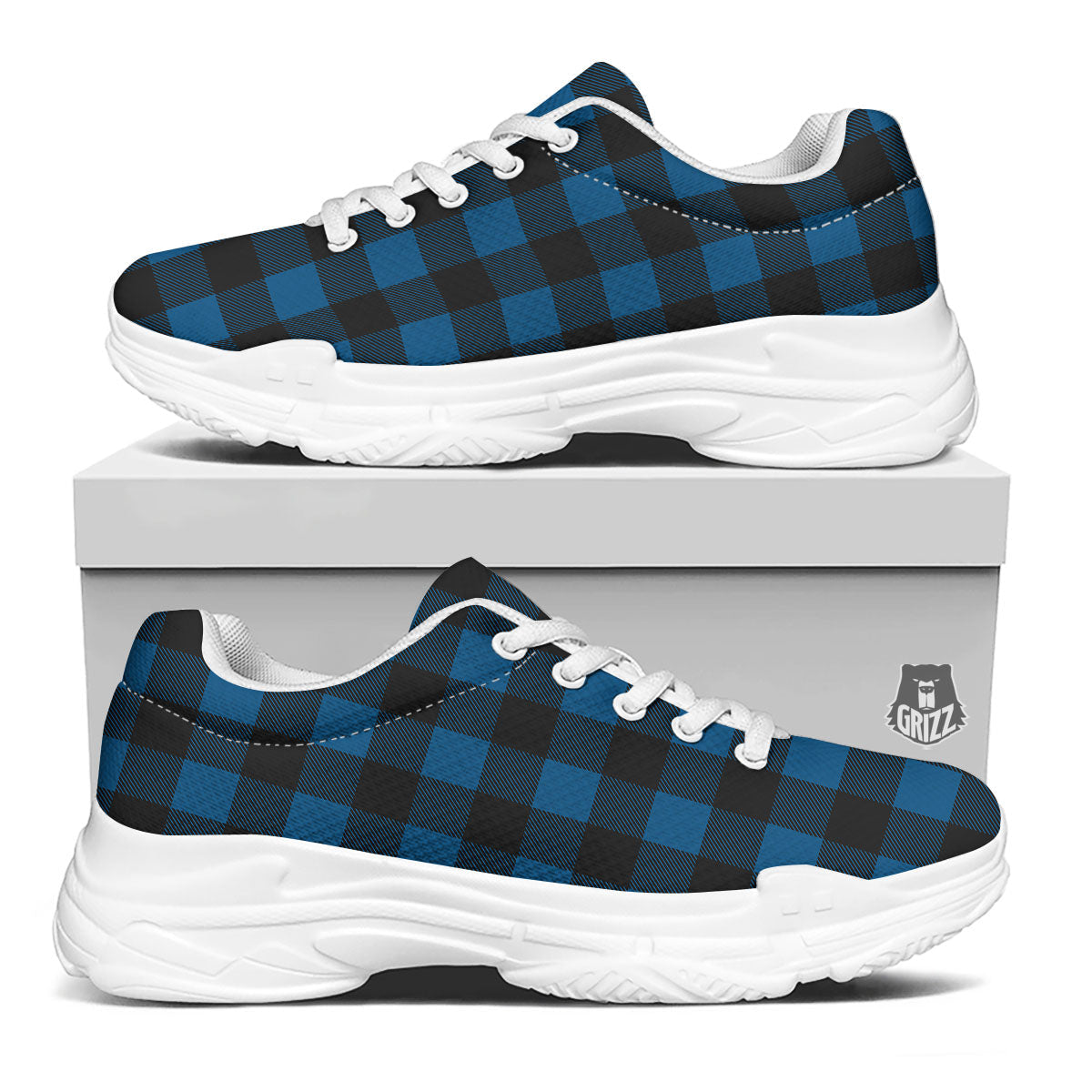 Buffalo Plaid Black And Blue Print White Chunky Shoes-grizzshop