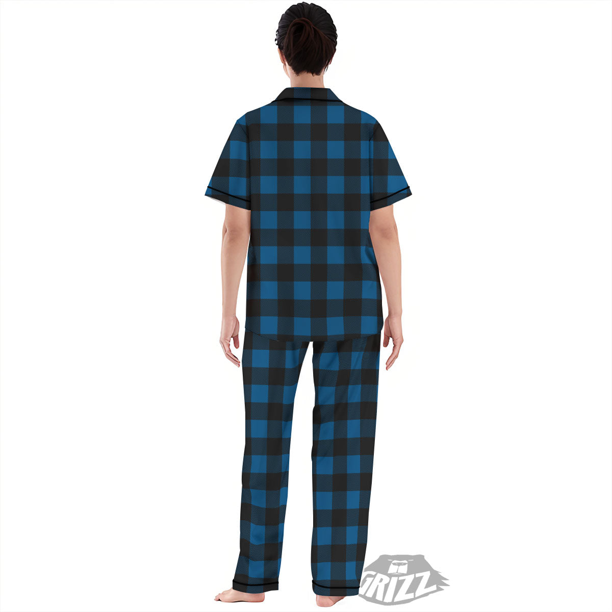 Buffalo Plaid Black And Blue Print Women's Pajamas Set-grizzshop