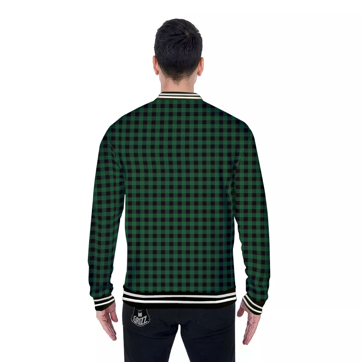 Buffalo Plaid Black And Green Print Baseball Jacket-grizzshop
