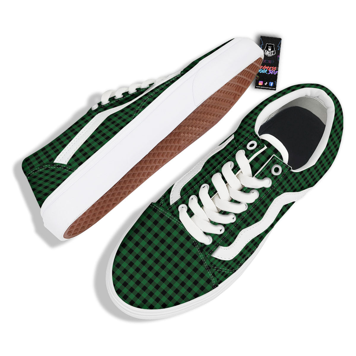 Buffalo Plaid Black And Green Print Skate Shoes-grizzshop