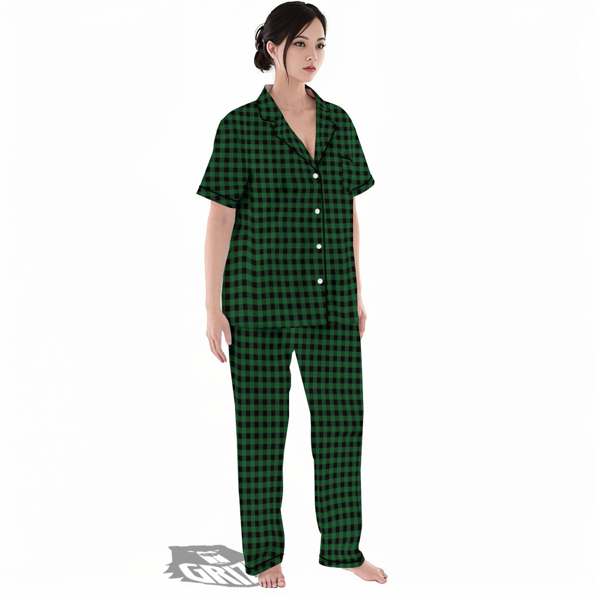 Buffalo Plaid Black And Green Print Women's Pajamas Set-grizzshop