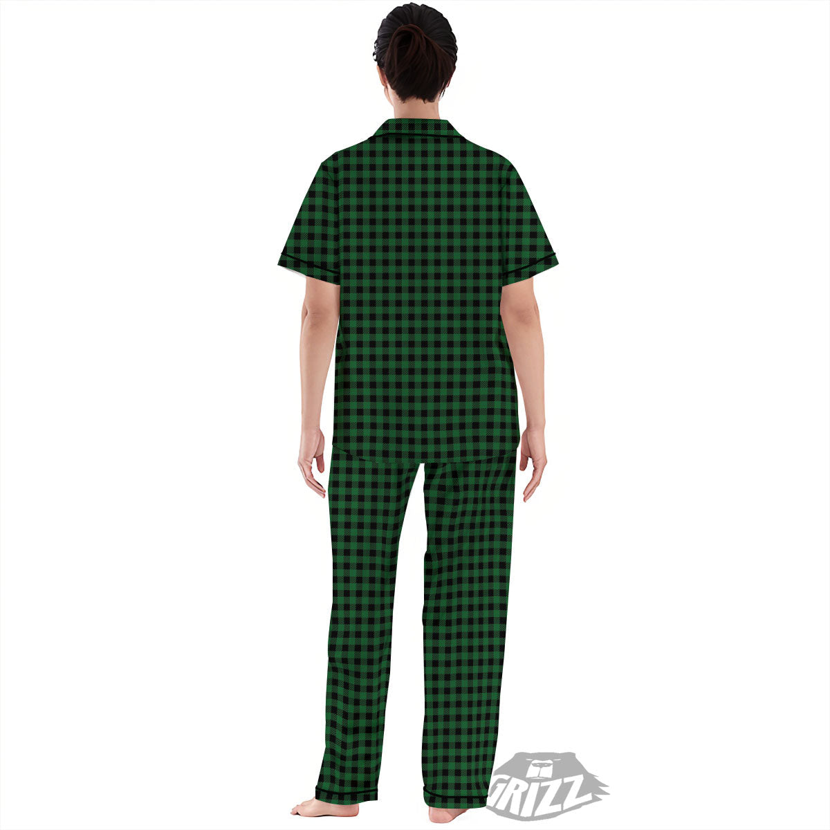 Buffalo Plaid Black And Green Print Women's Pajamas Set-grizzshop
