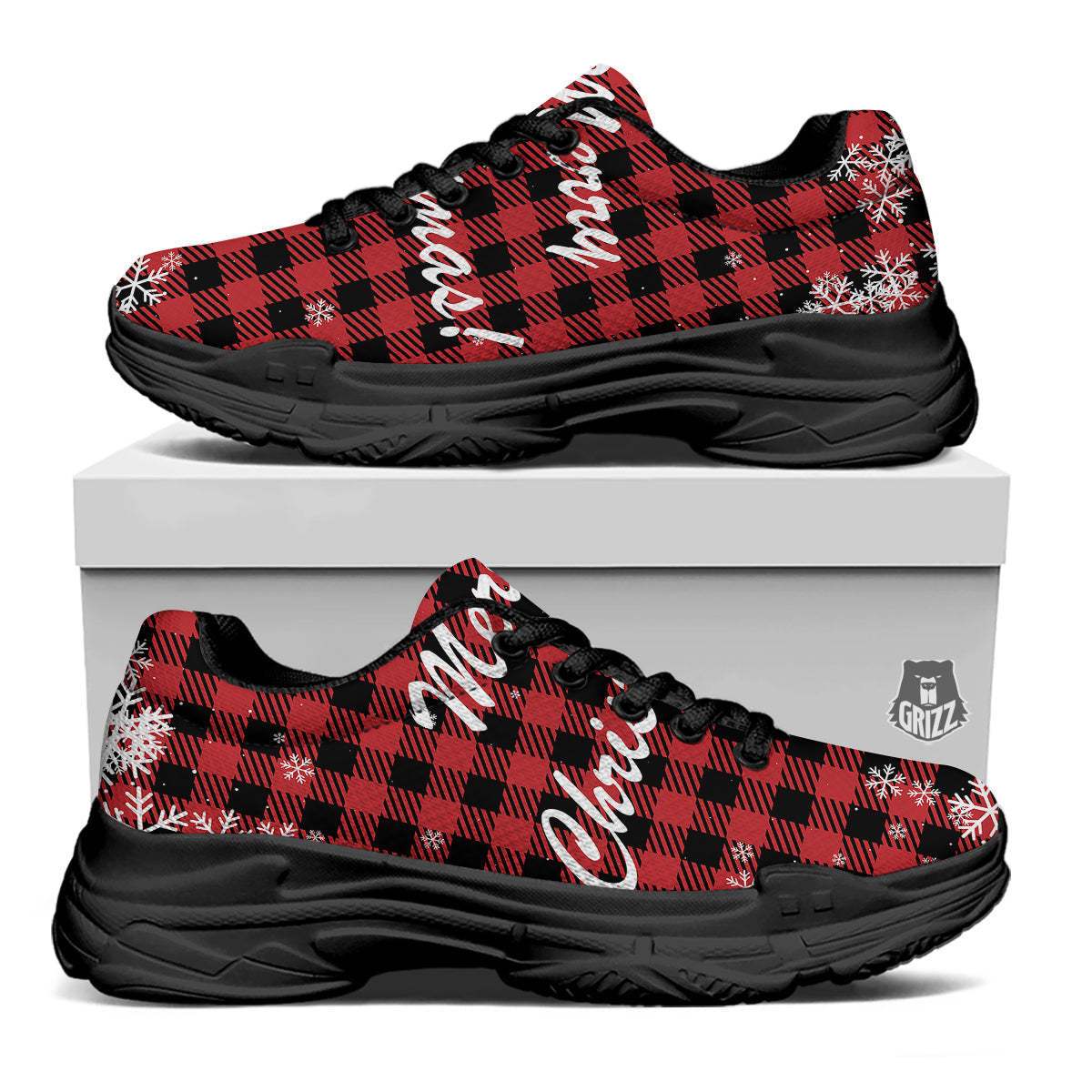 Buffalo Plaid Christmas Print Black Chunky Shoes-grizzshop