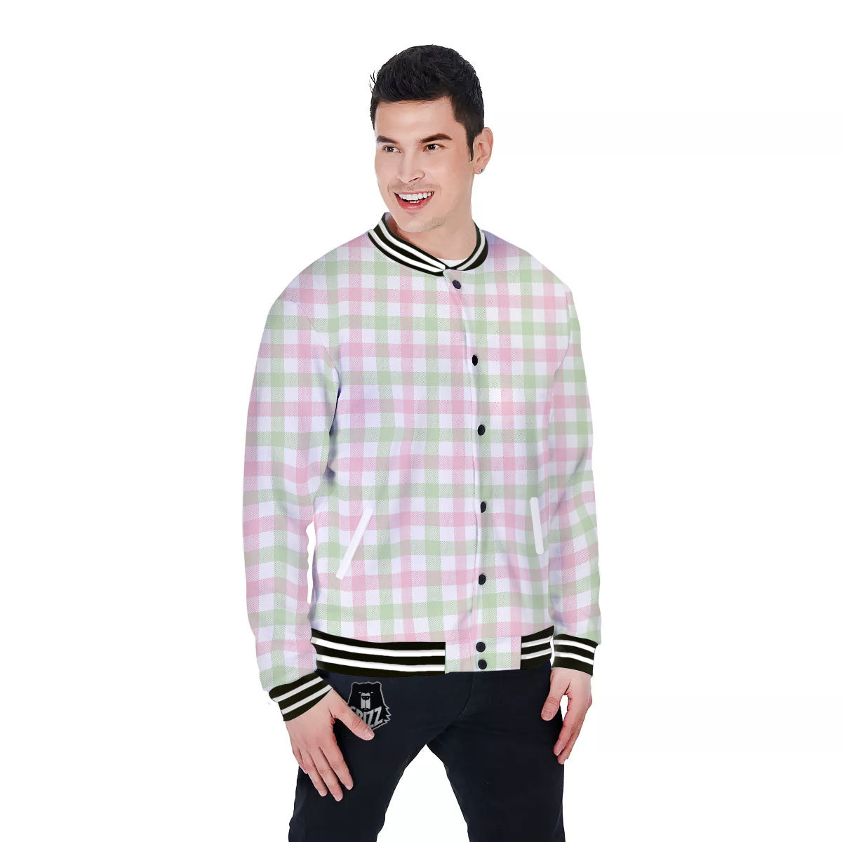 Buffalo Plaid Green And Pink Print Baseball Jacket-grizzshop