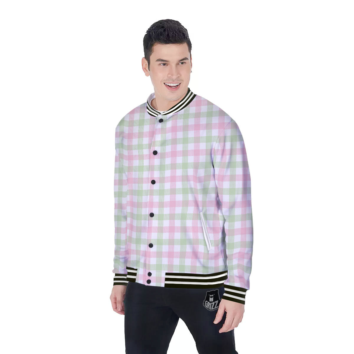 Buffalo Plaid Green And Pink Print Baseball Jacket-grizzshop
