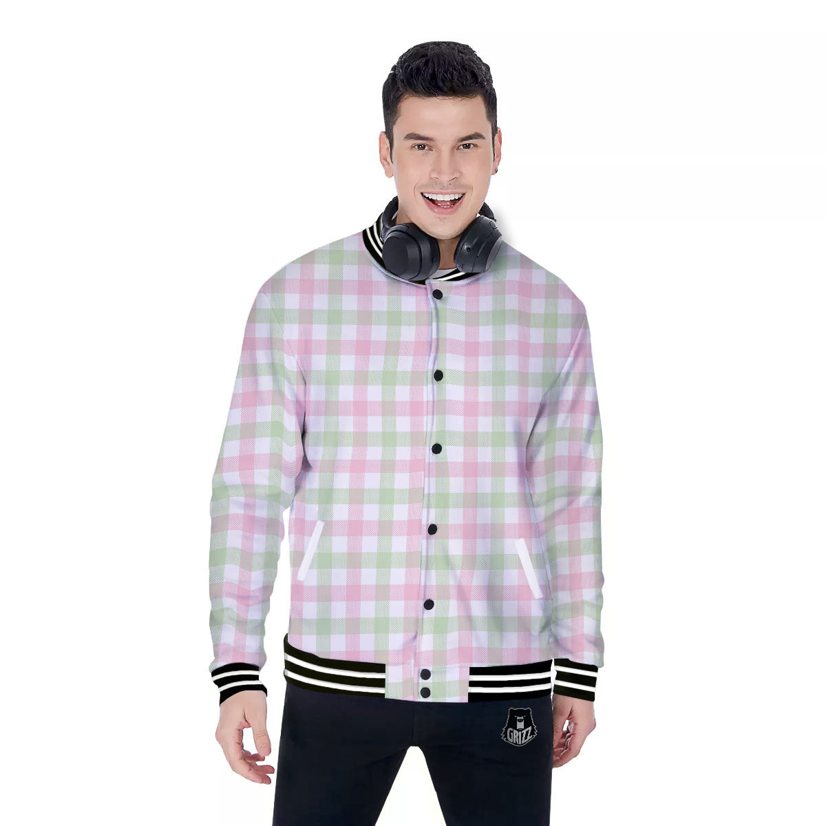 Buffalo Plaid Green And Pink Print Baseball Jacket-grizzshop
