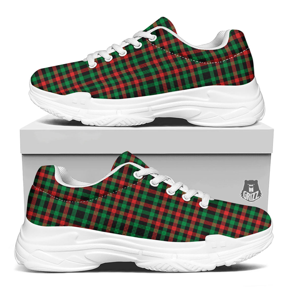 Buffalo Plaid Green Red And Black Print White Chunky Shoes-grizzshop
