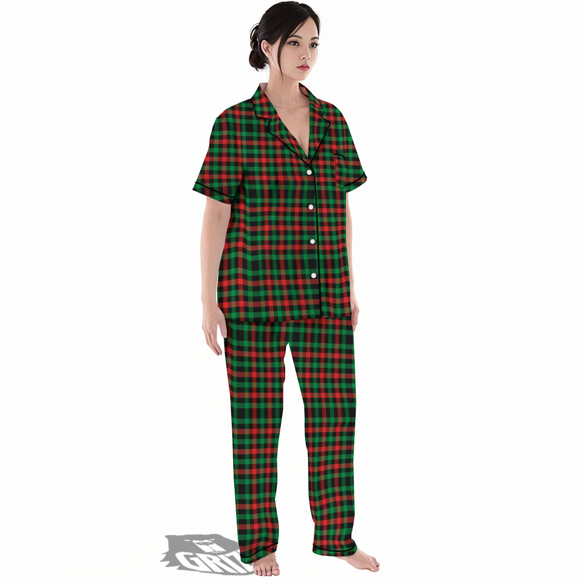 Buffalo Plaid Green Red And Black Print Women's Pajamas Set-grizzshop
