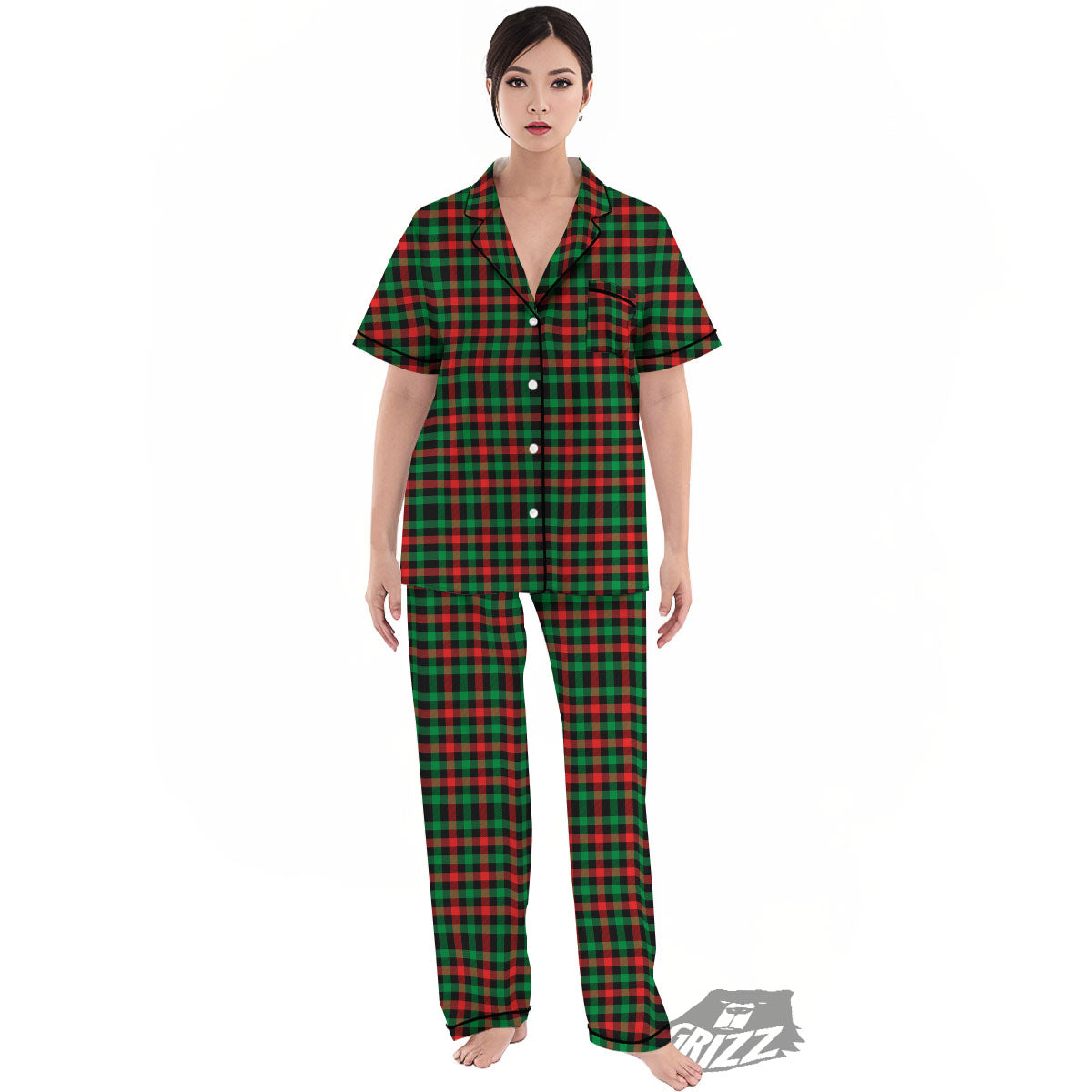 Buffalo Plaid Green Red And Black Print Women's Pajamas Set-grizzshop