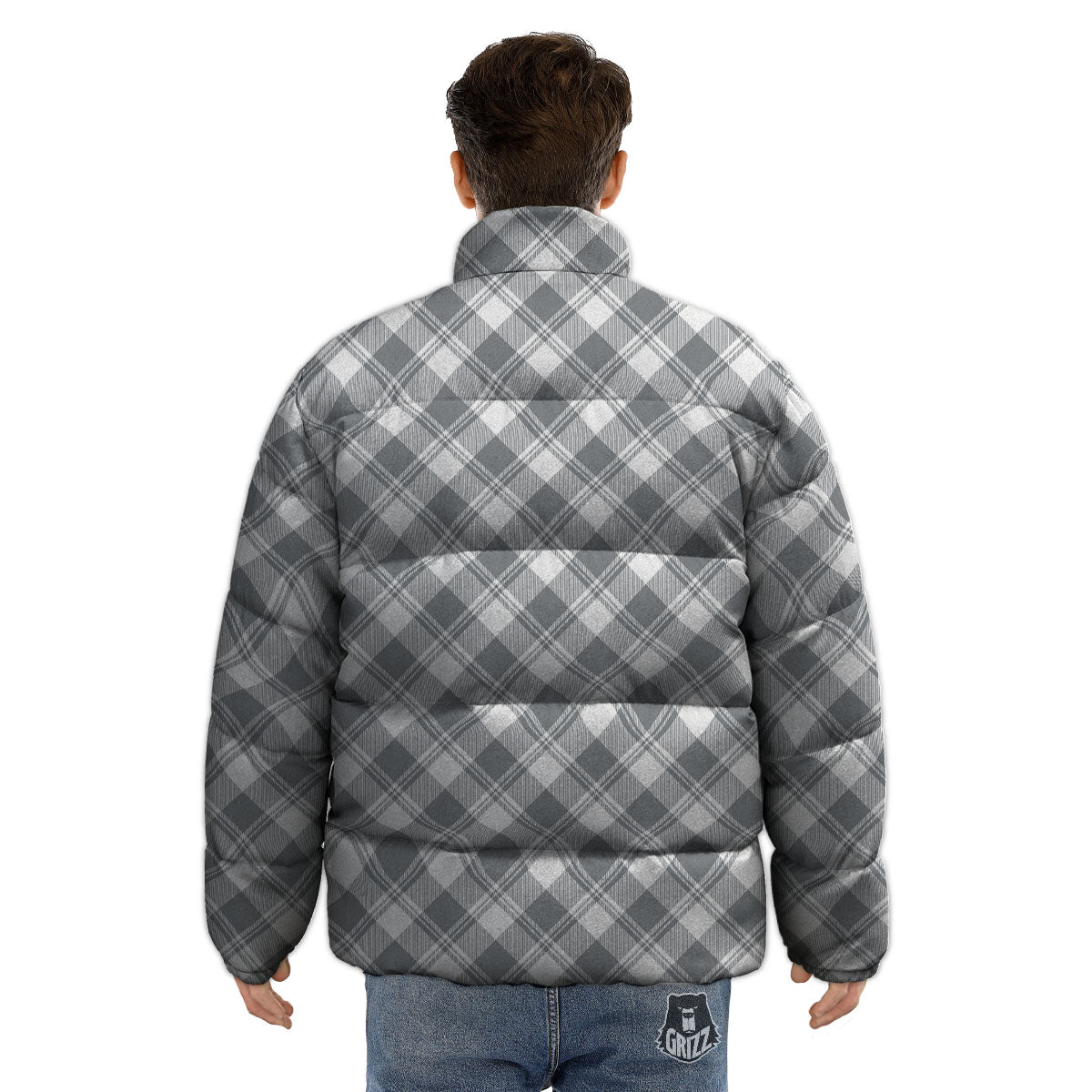 Buffalo Plaid Grey Print Pattern Puffer Jacket-grizzshop