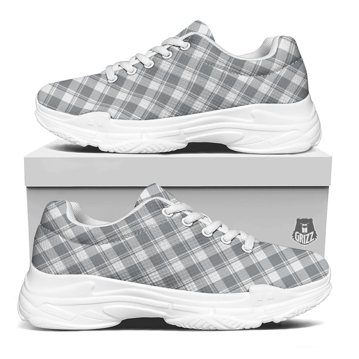 Buffalo Plaid Grey Print Pattern White Chunky Shoes-grizzshop