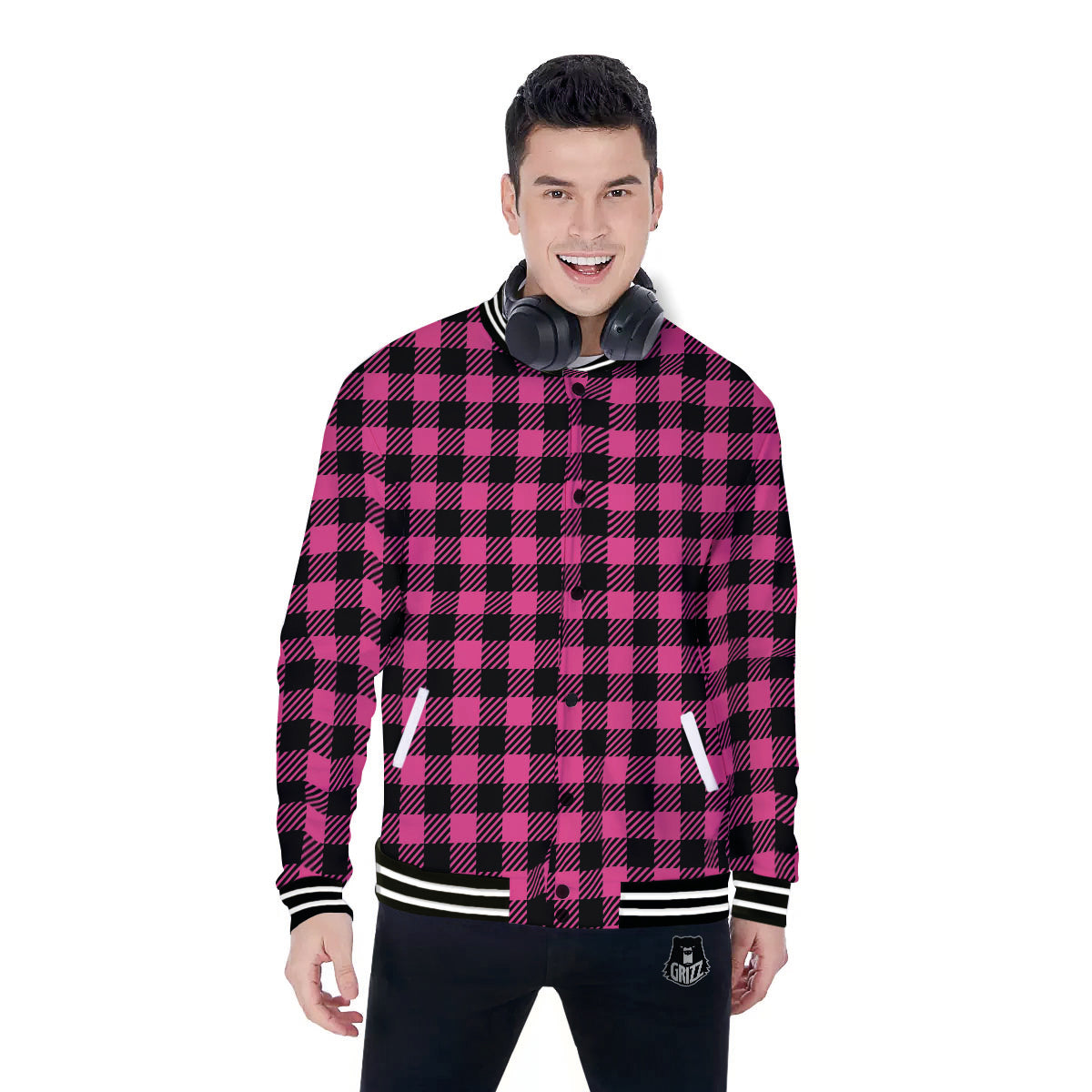 Buffalo Plaid Hot Pink Print Baseball Jacket-grizzshop