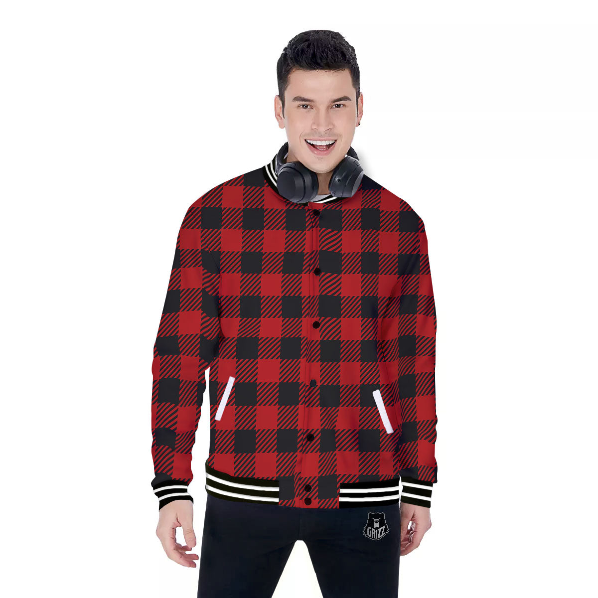 Buffalo Plaid Hot Red Print Baseball Jacket-grizzshop