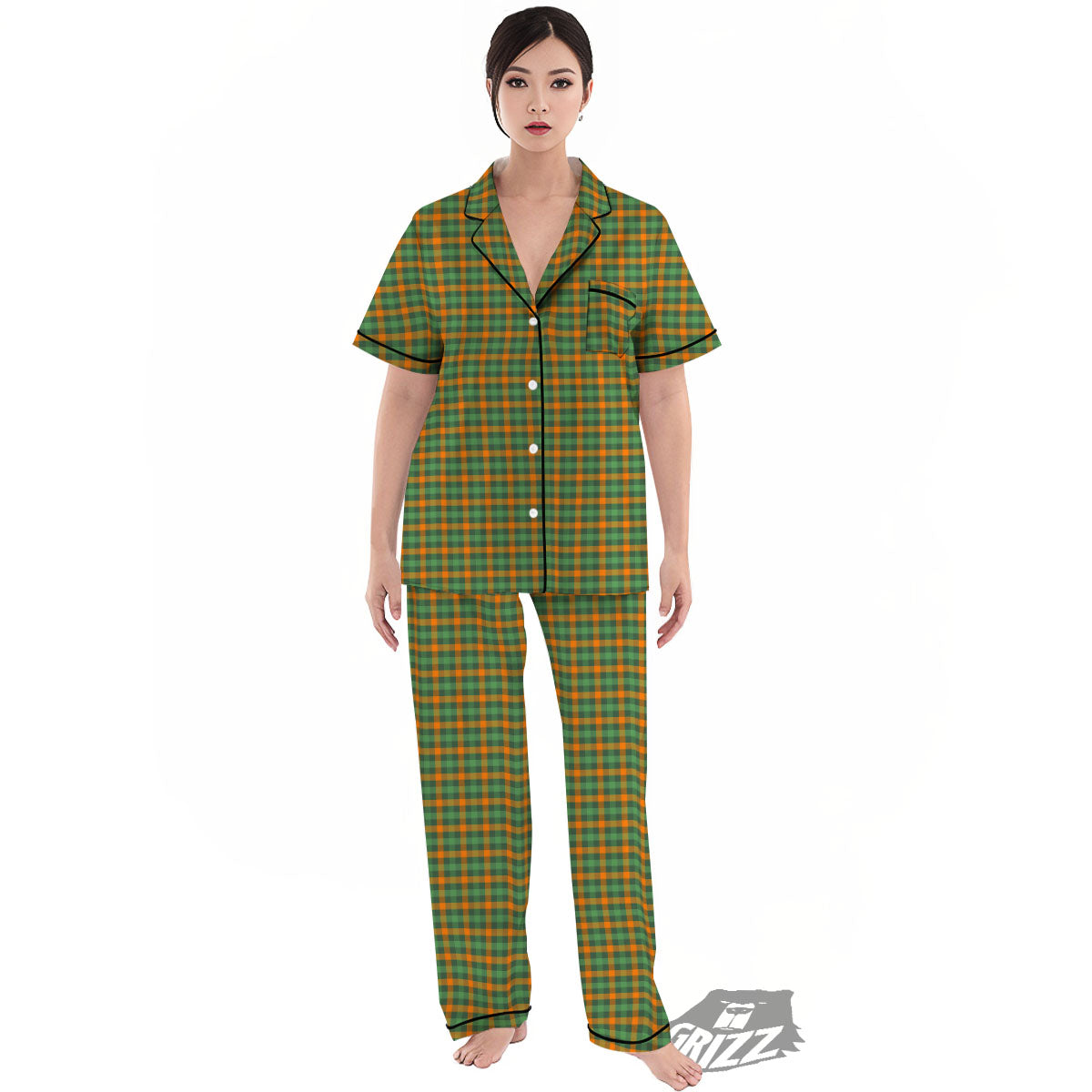 Buffalo Plaid Orange And Green Print Women's Pajamas Set-grizzshop