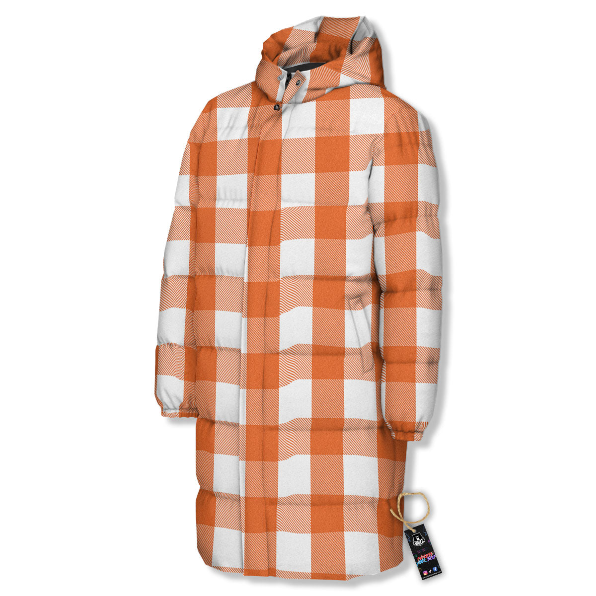 Buffalo Plaid Orange Print Long Down Jacket-grizzshop