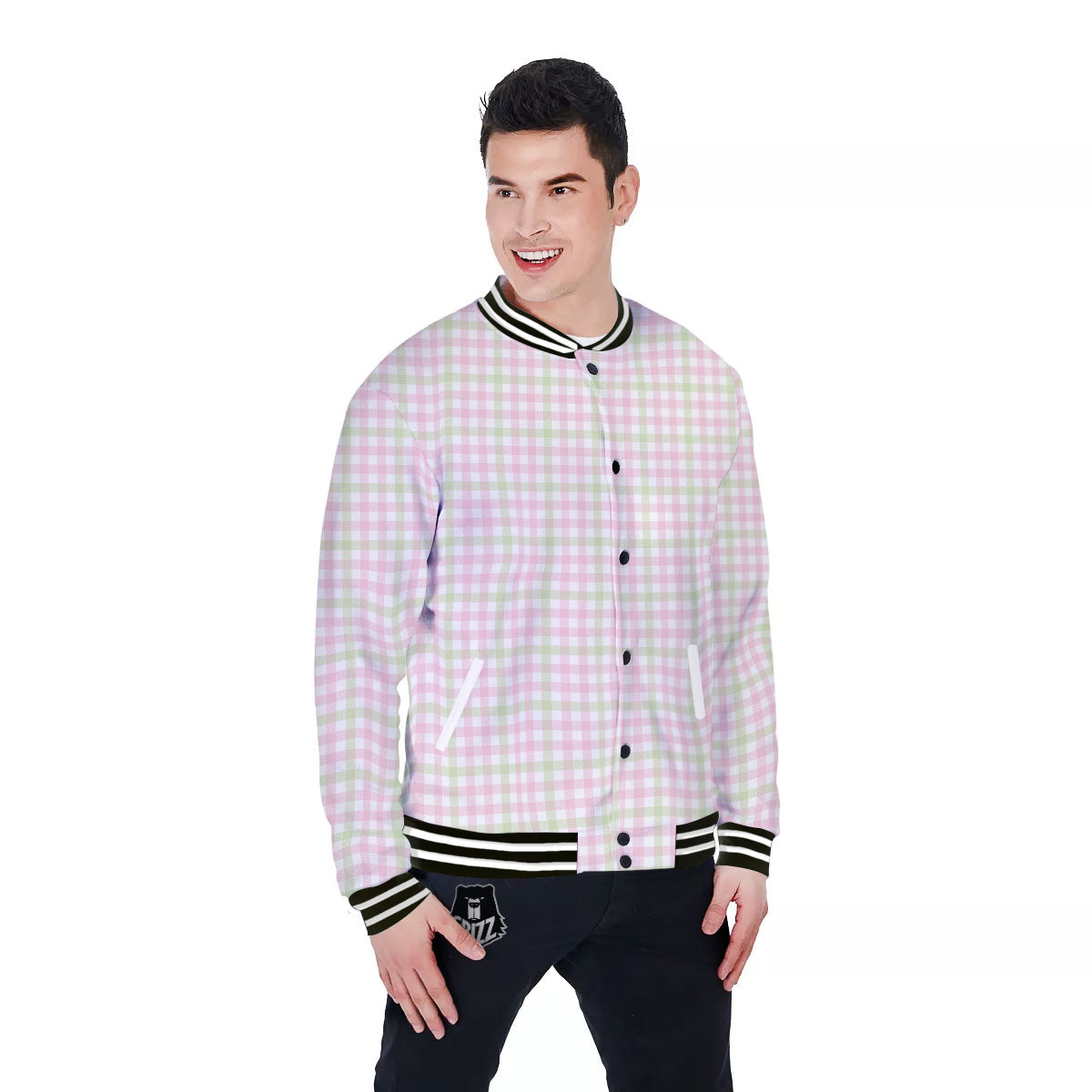 Buffalo Plaid Pink And Green Print Baseball Jacket-grizzshop