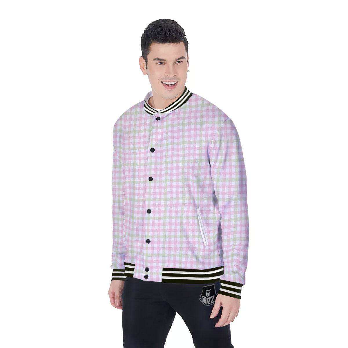 Buffalo Plaid Pink And Green Print Baseball Jacket-grizzshop