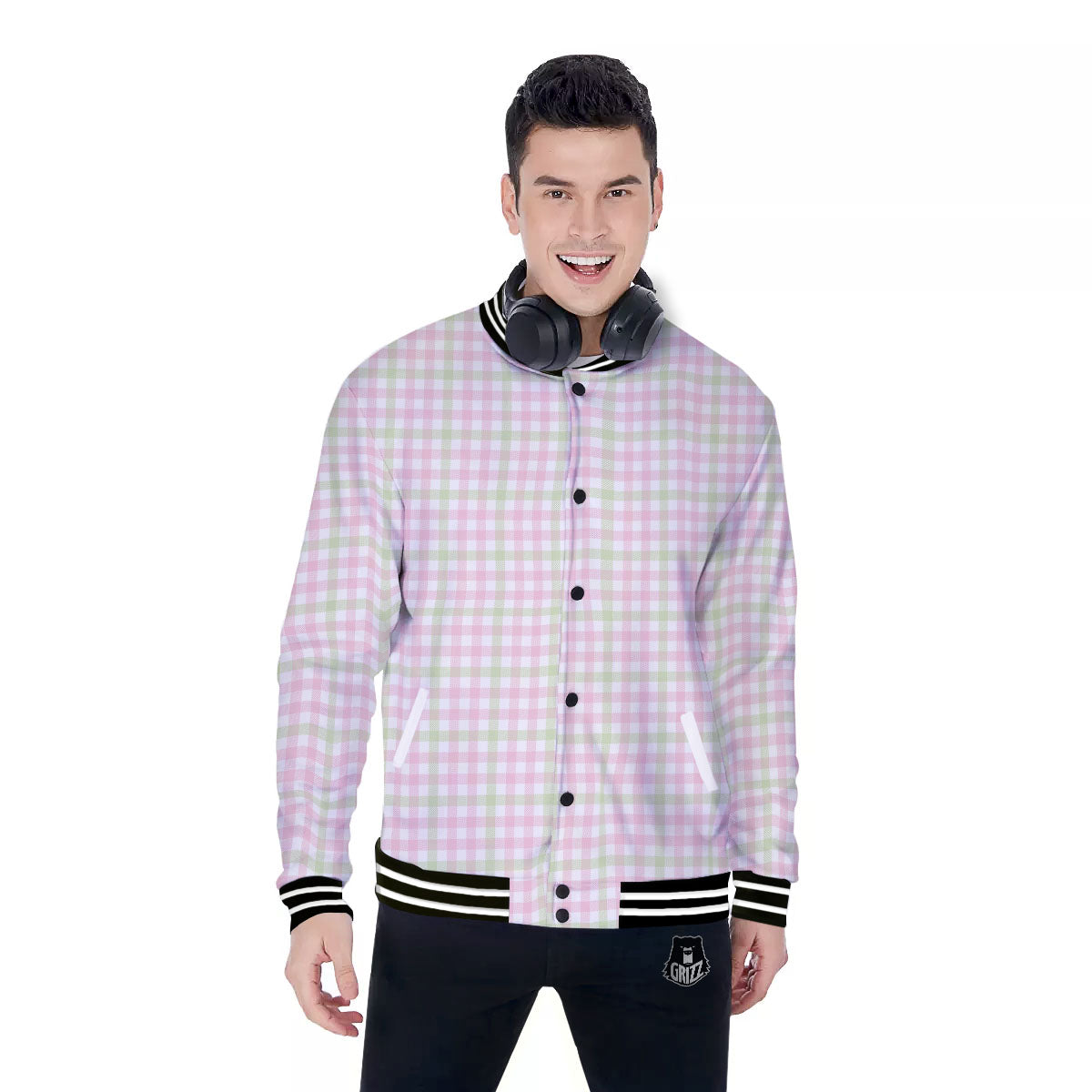 Buffalo Plaid Pink And Green Print Baseball Jacket-grizzshop