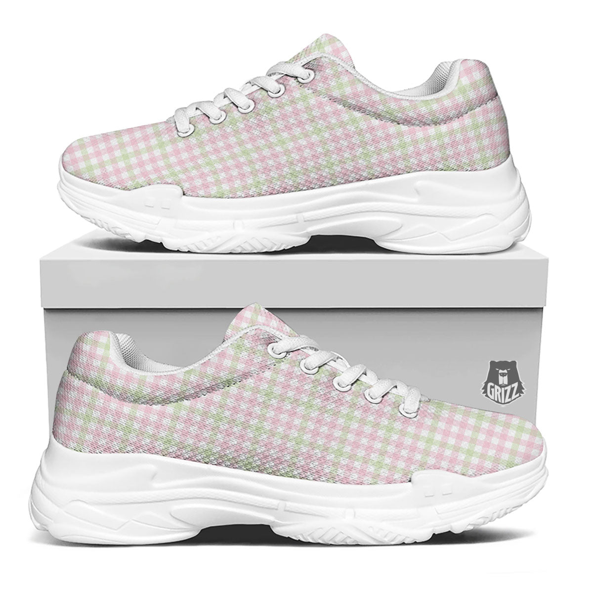 Buffalo Plaid Pink And Green Print White Chunky Shoes-grizzshop