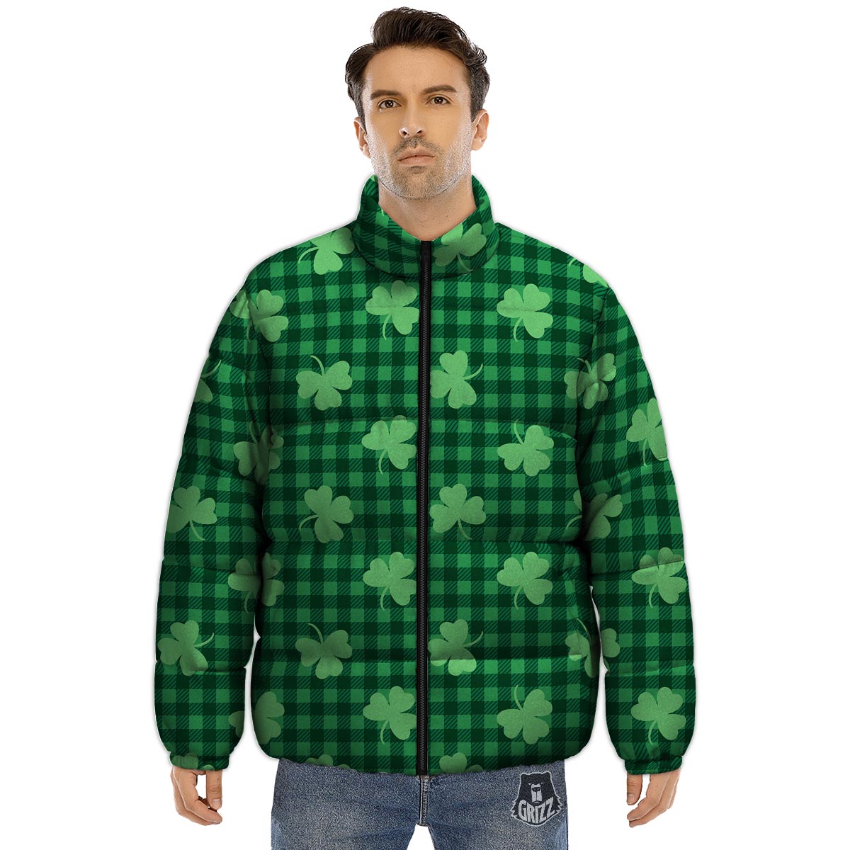 Buffalo Plaid St. Patrick's Day Print Pattern Puffer Jacket-grizzshop