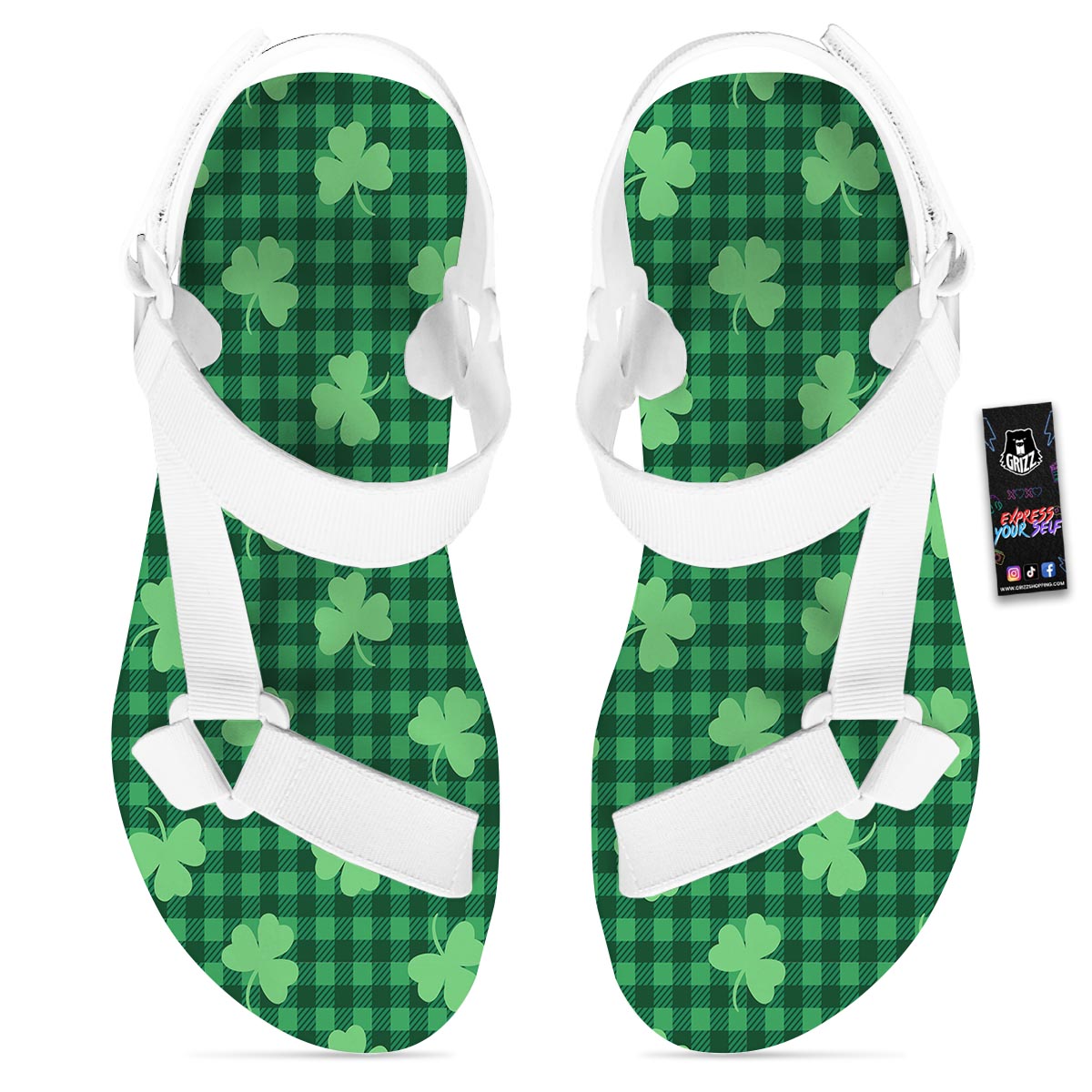 Buffalo Plaid St. Patrick's Day Print Pattern White Open Toe Sandals-grizzshop