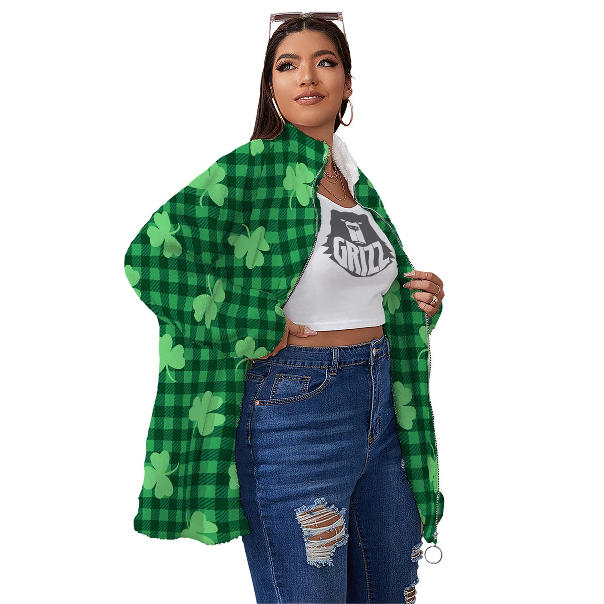 Buffalo Plaid St. Patrick's Day Print Pattern Women's Sherpa Jacket-grizzshop