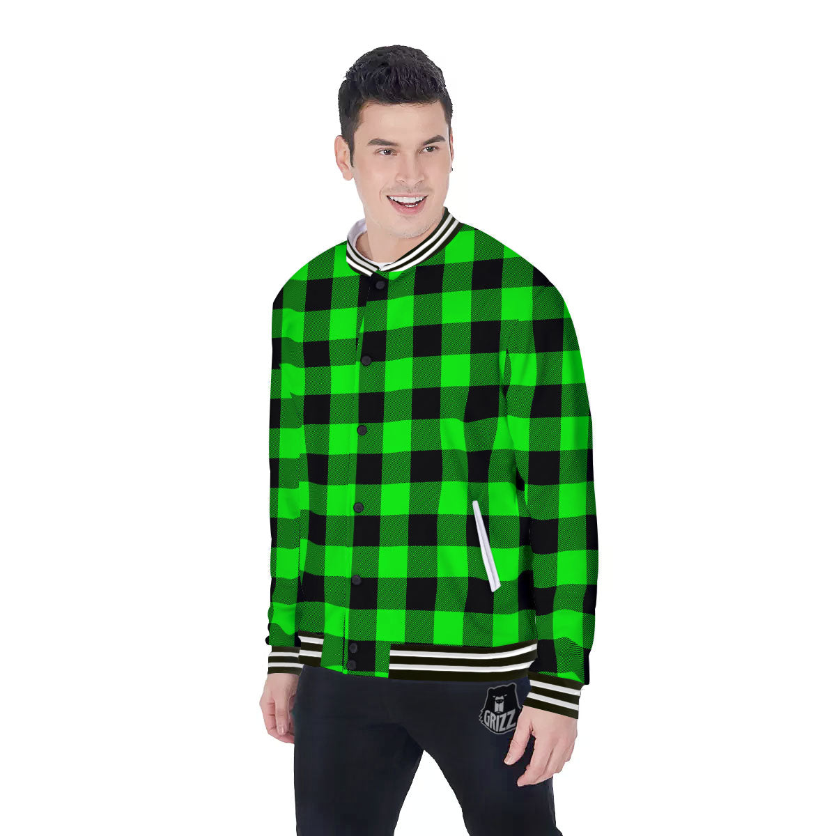 Buffalo Plaid UFO Green Print Pattern Baseball Jacket-grizzshop