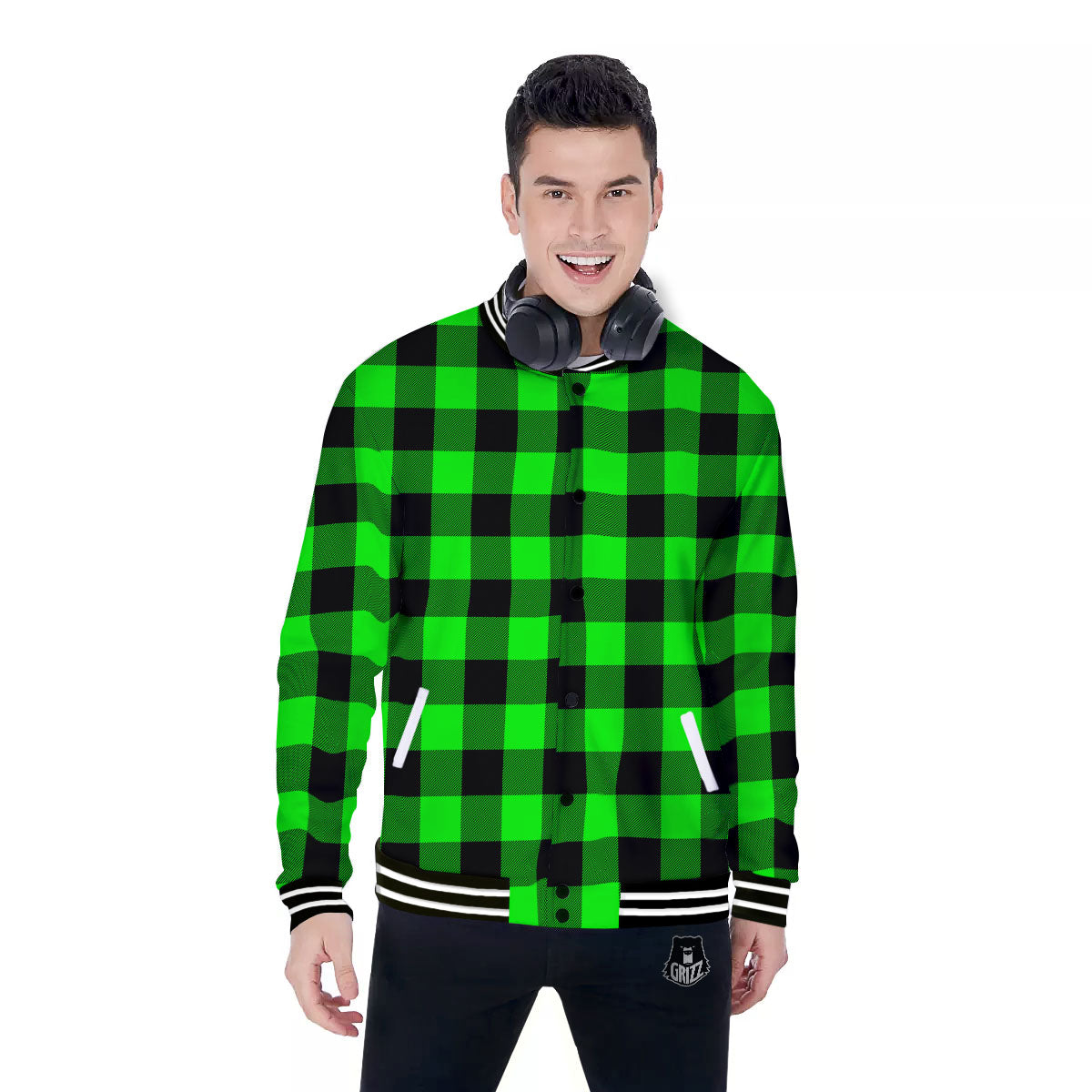 Buffalo Plaid UFO Green Print Pattern Baseball Jacket-grizzshop