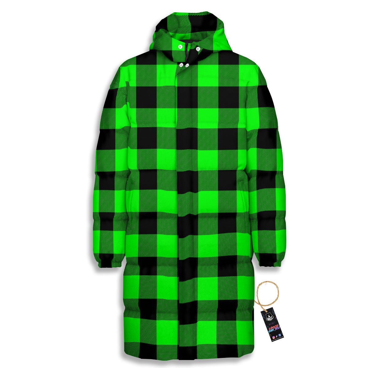 Buffalo Plaid UFO Green Print Pattern Long Down Jacket-grizzshop