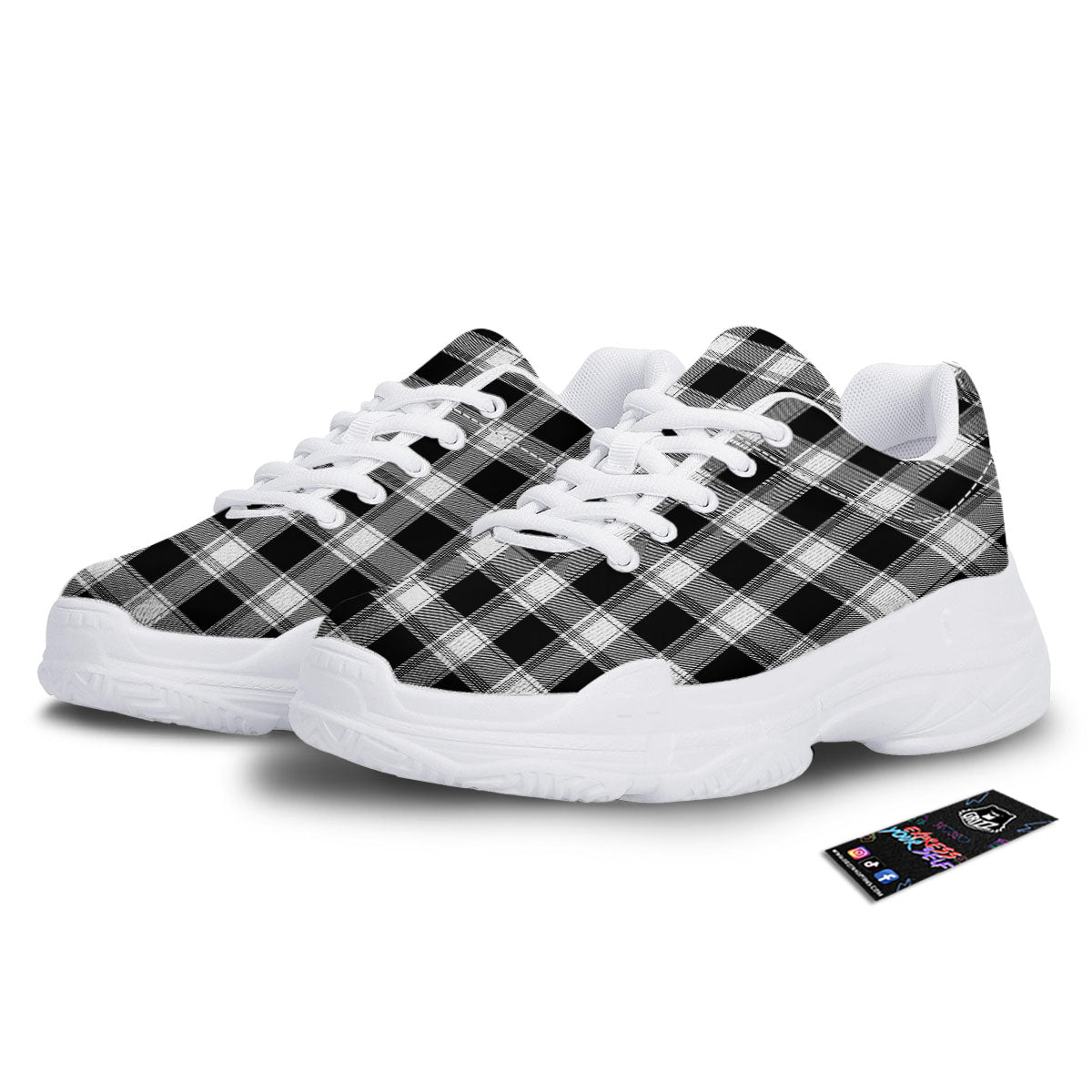 Buffalo Plaid White And Black Print White Chunky Shoes-grizzshop