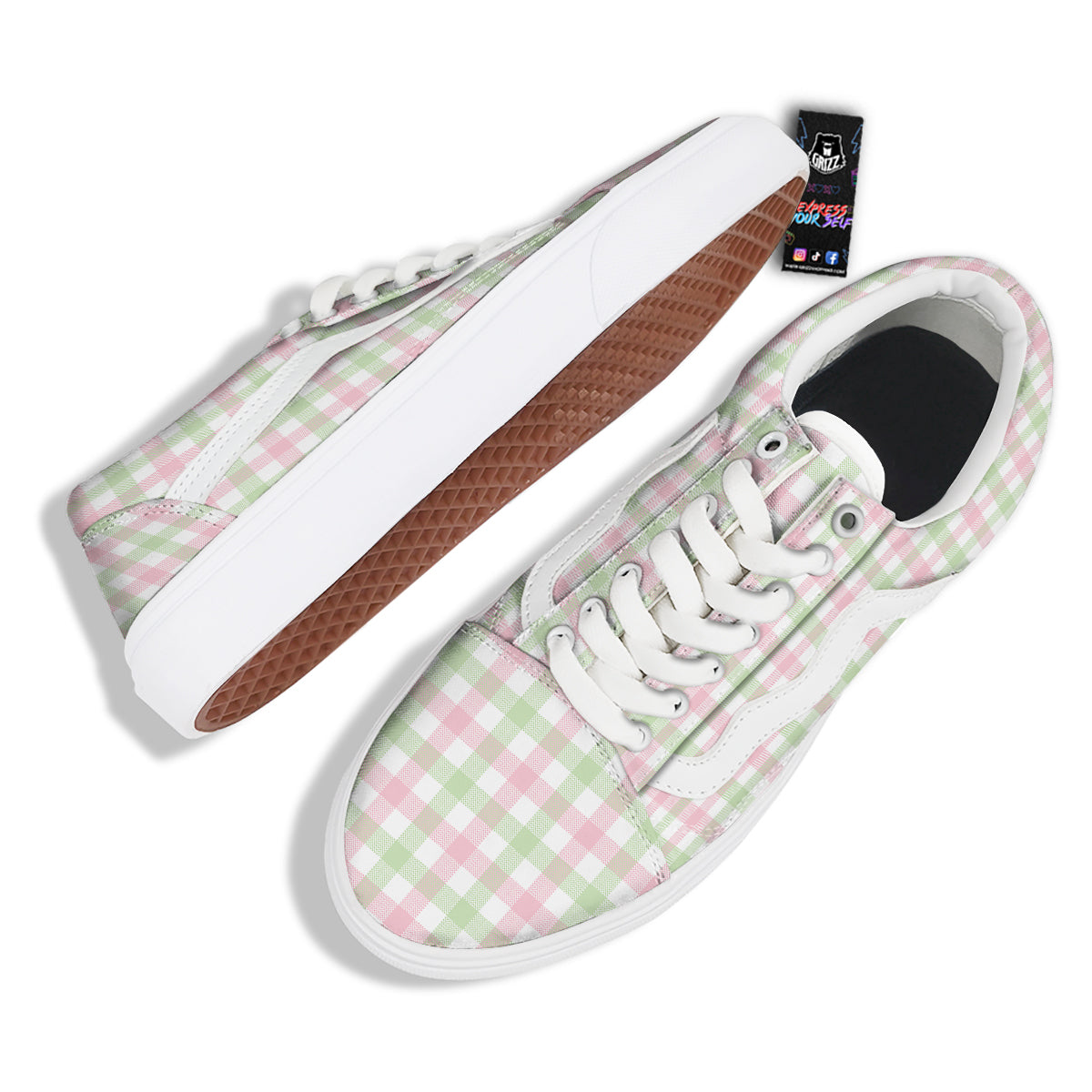Buffalo Plaid White Pink And Green Print Pattern Skate Shoes-grizzshop
