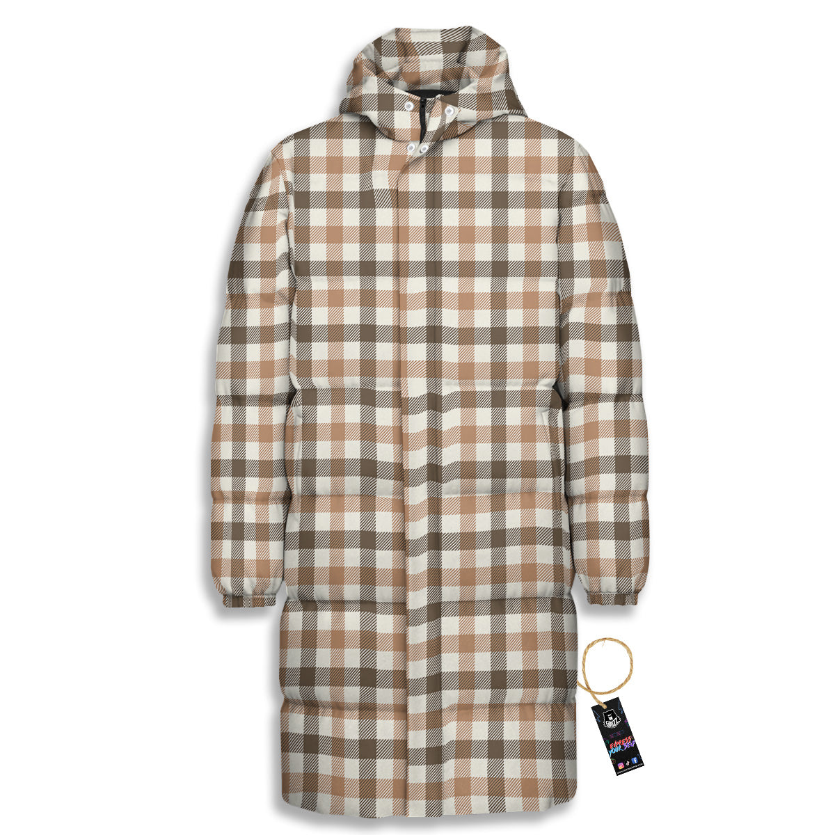 Buffalo Check Beige And Brown Print Long Down Jacket