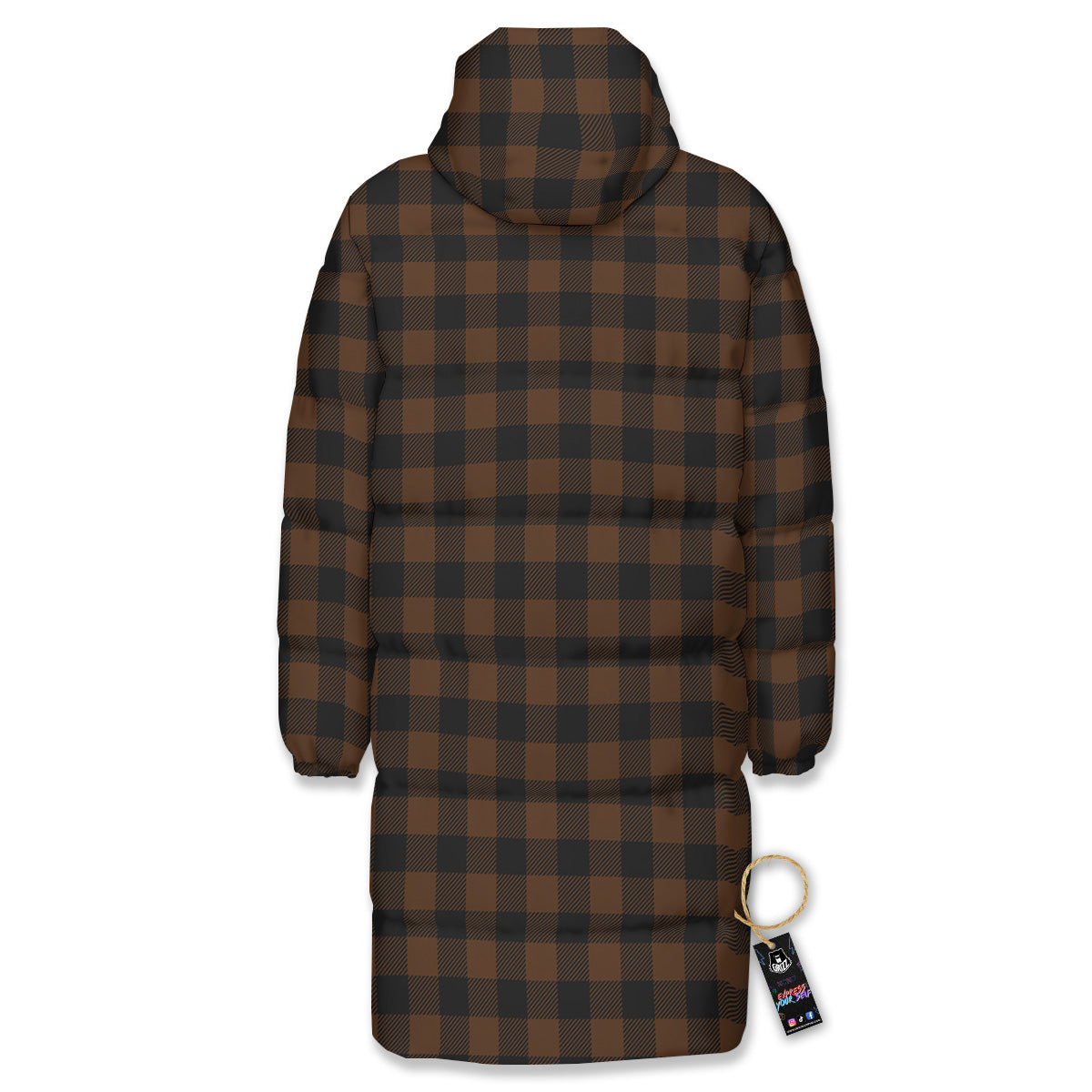 Buffalo Check Black And Brown Print Long Down Jacket