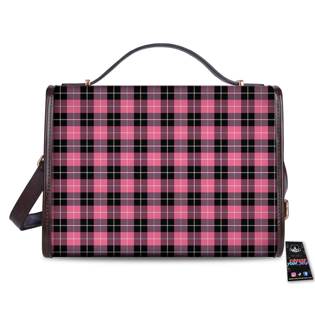Buffalo Check Black And Pink Print Women's Satchel Bag