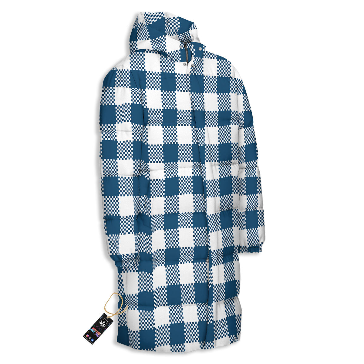 Buffalo Check White And Blue Print Long Down Jacket