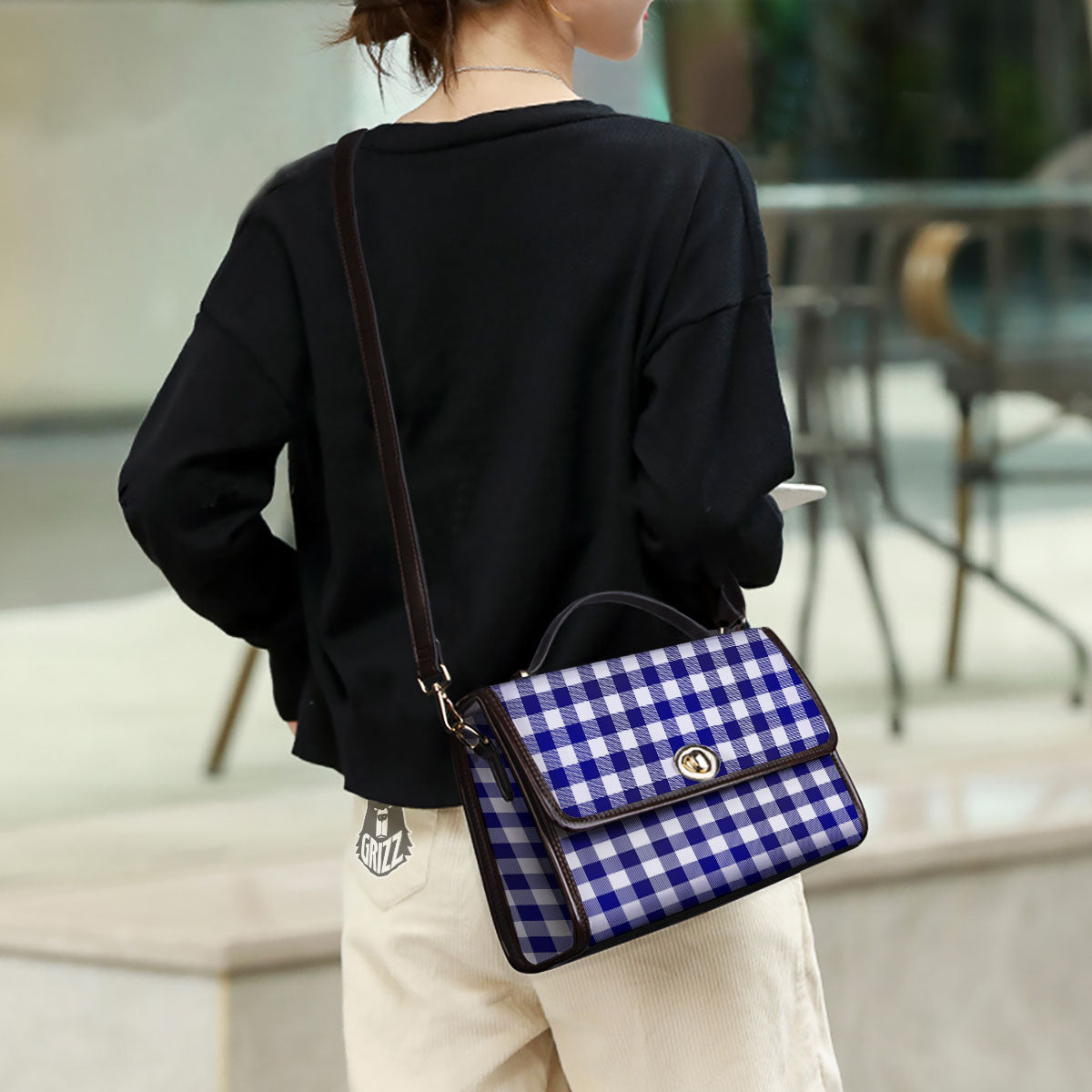 Buffalo Check White And Navy Print Women's Satchel Bag