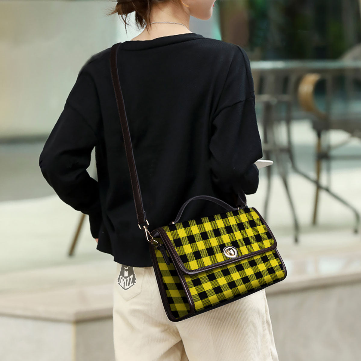 Buffalo Check Yellow And Black Print Pattern Women's Satchel Bag