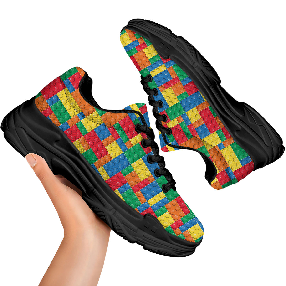 Building Blocks Colorful Plastic Print Black Chunky Shoes-grizzshop