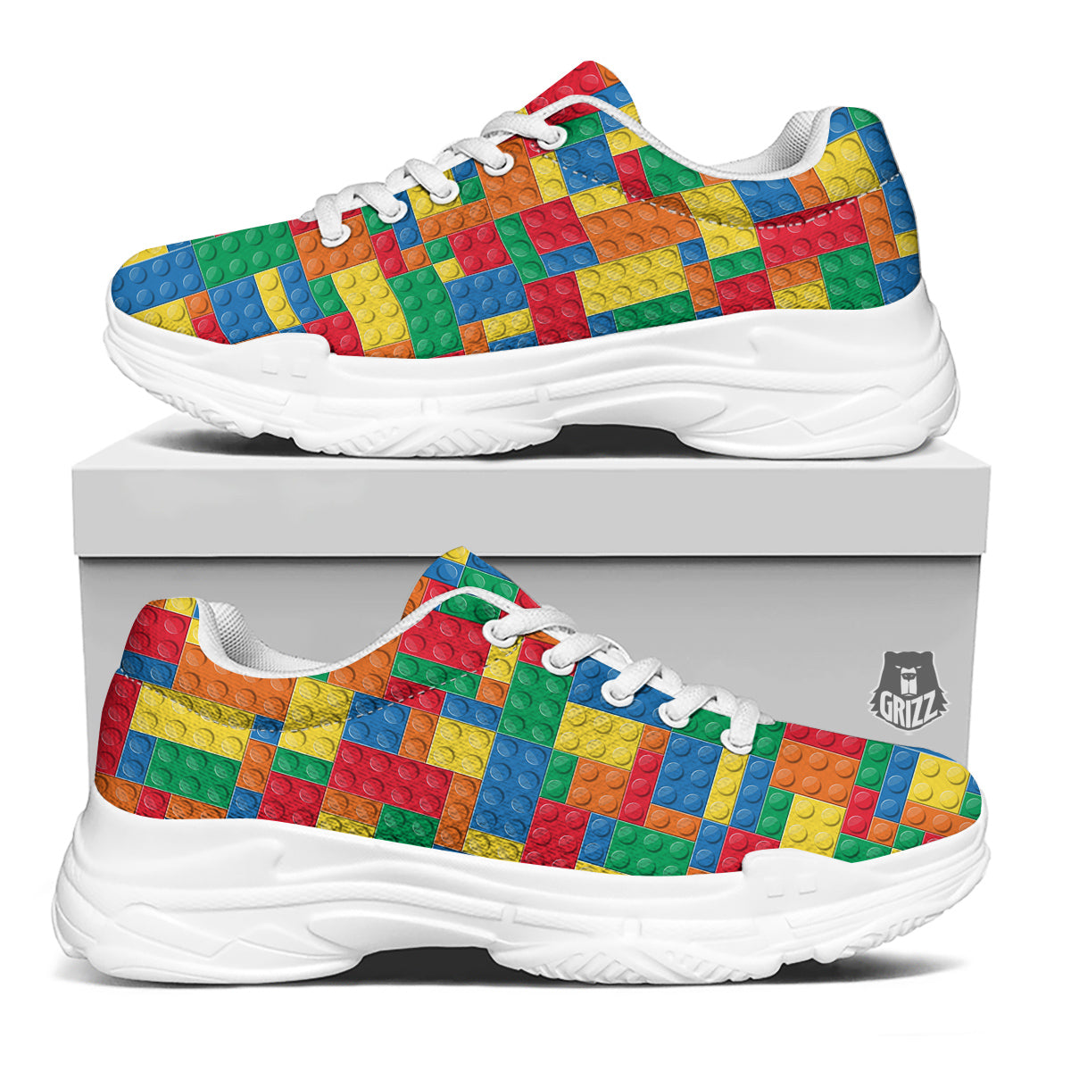 Building Blocks Colorful Plastic Print White Chunky Shoes-grizzshop