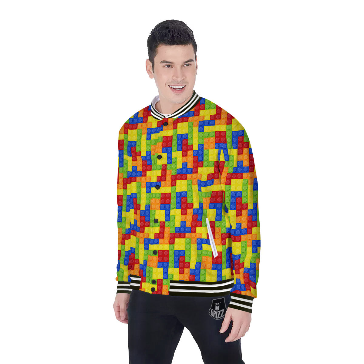 Building Blocks Colorful Print Pattern Baseball Jacket-grizzshop